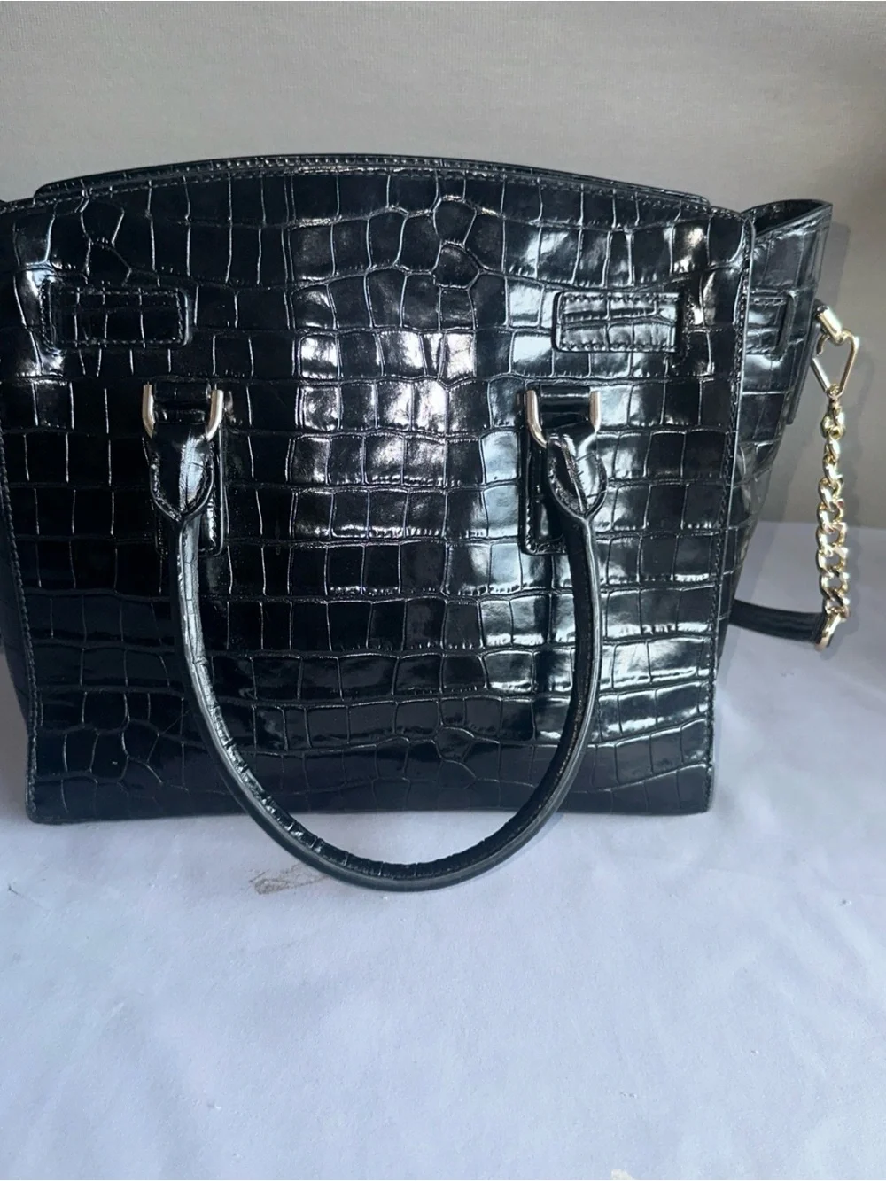 Michael Kors Black Croc-Embossed Satchel with Gold Hardware